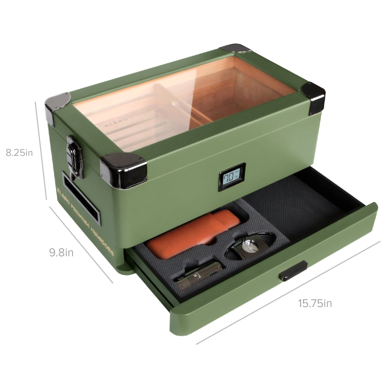 Case Elegance Military Glass Top Humidor, Spanish Cedar, Matte Green with Front Hygrometer Holds 70-100 Cigars