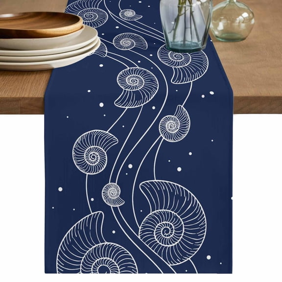 Table Runners 36 Inches Long Dress Scarves, Navy Blue Shell Coastal Farmhouse Kitchen/Dining Table Decor Table Runner, Short Coffee Tablerunners, Summer Ocean Line Abstract Art 13x36 Inch