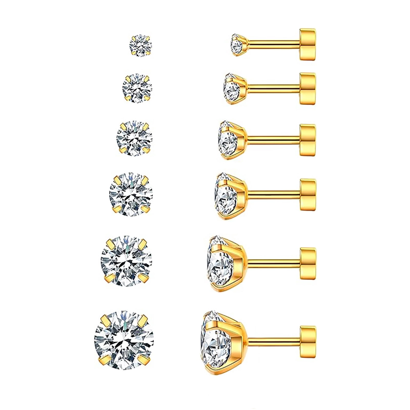Nmkwnr 18 Pairs Round Cubic Zirconia Stud Earring 316L Stainless Steel Earrings 14K Gold Plated Flat Back Earrings for Women Men
