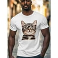 thumbnail image 2 of Cat in Glasses Men's T Shirts Cute Animal T-Shirt for Men Crew Neck Tees Cotton Tops, White, 2XL, 2 of 7