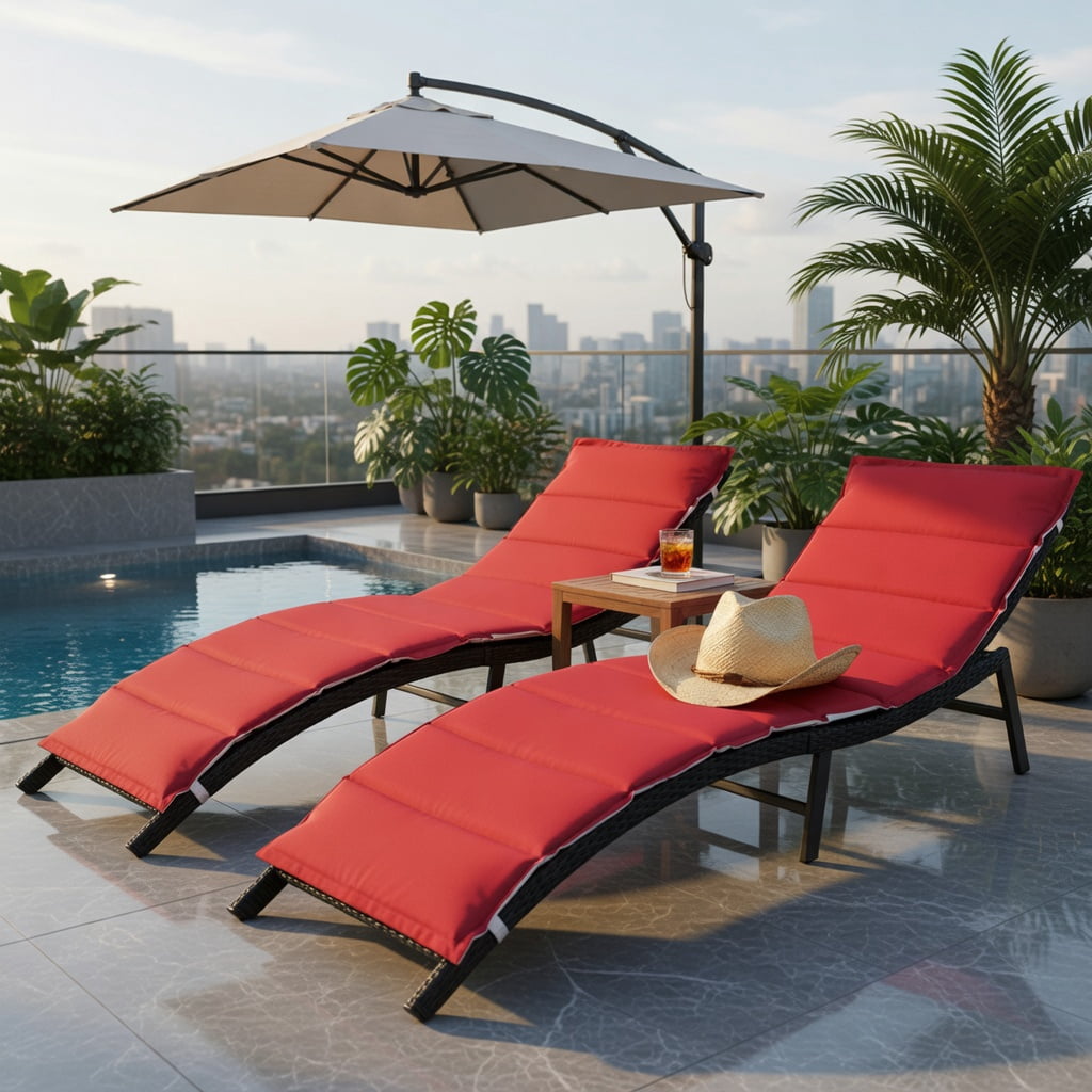 Hommoo 2-Pack Foldable Outdoor Chaise Lounge Chairs with Cushions, PE Rattan & Steel Frame, Poolside Patio Beach Loungers, Red