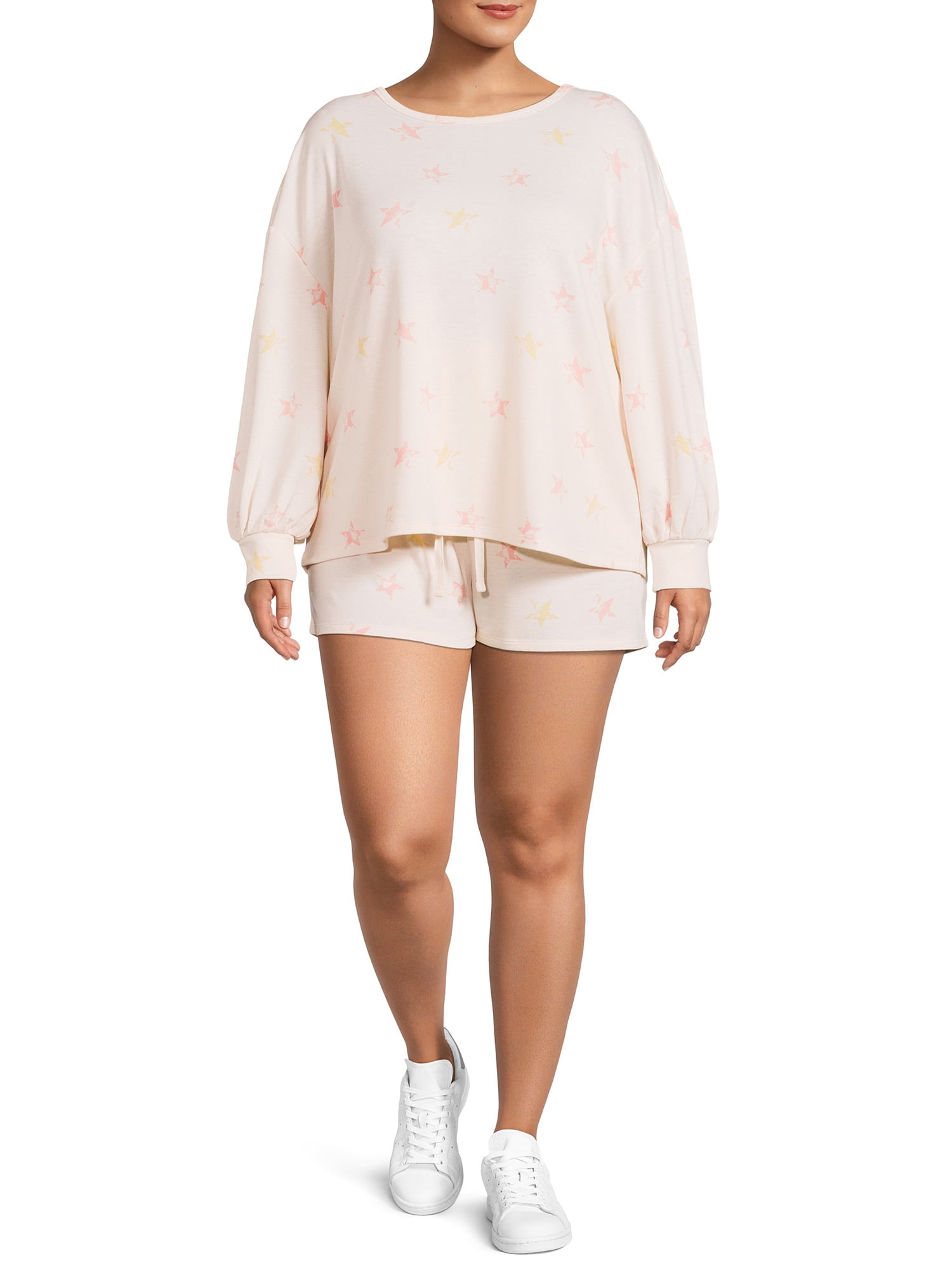 Como Blu Women's Plus Size Crew Neck Sweatshirt and Drawstring Shorts Set, 2-Piece