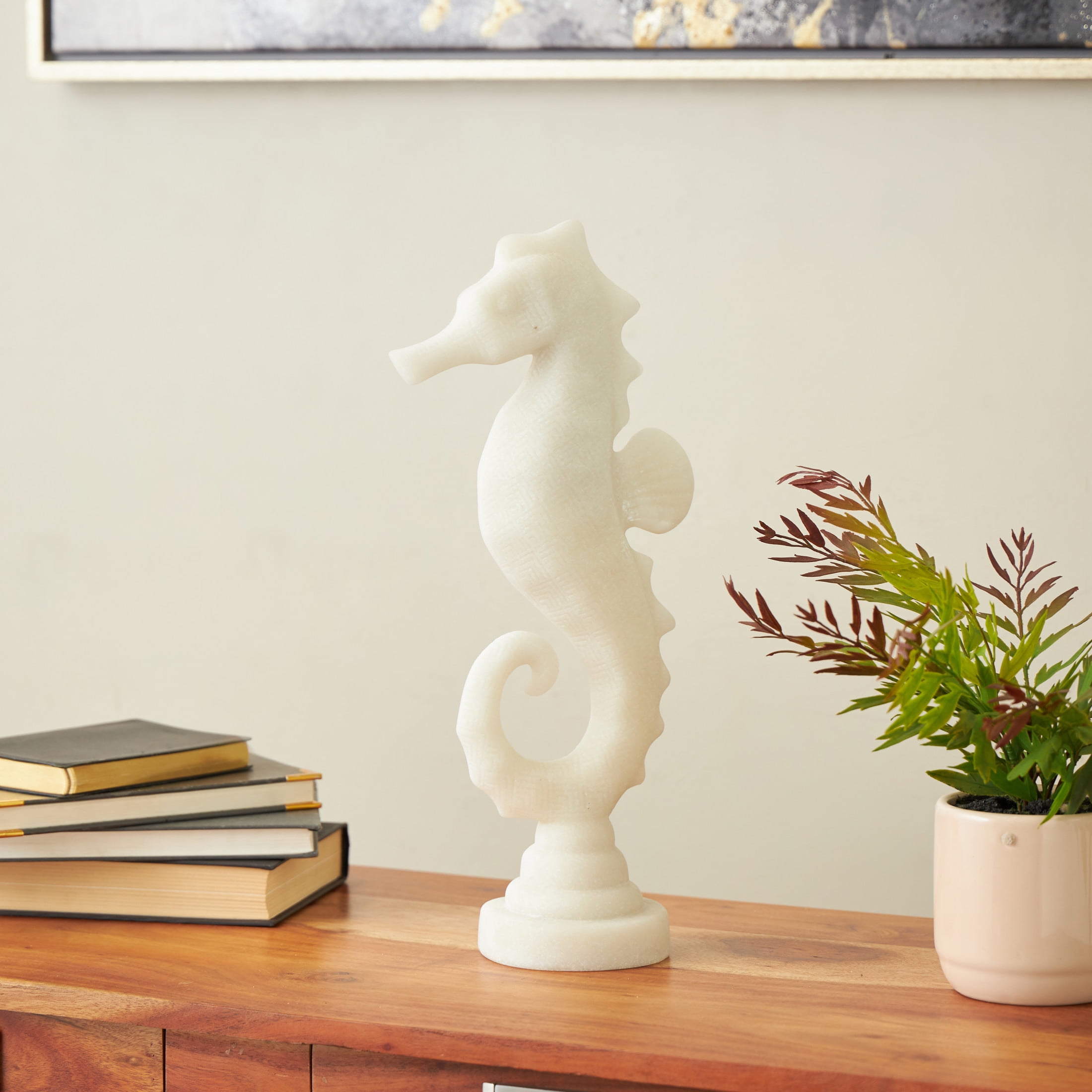 5" x 16" White Polystone Sea Horse Sculpture with Shimmering Details, by DecMode