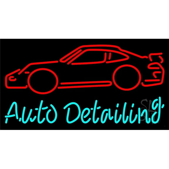 Cursive Auto Detailing With Car Logo LED Neon Sign 13 x 24 - inches, Clear Edge Cut Acrylic Backing, with Dimmer - Bright and Premium built indoor LED Neon Sign for automotive store, and mall.