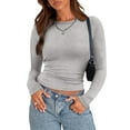 thumbnail image 2 of larppty Womens Long Sleeve Stretch Crewneck Ribbed T-Shirt Fitted Casual Basic Tops (Grey, XL), 2 of 7