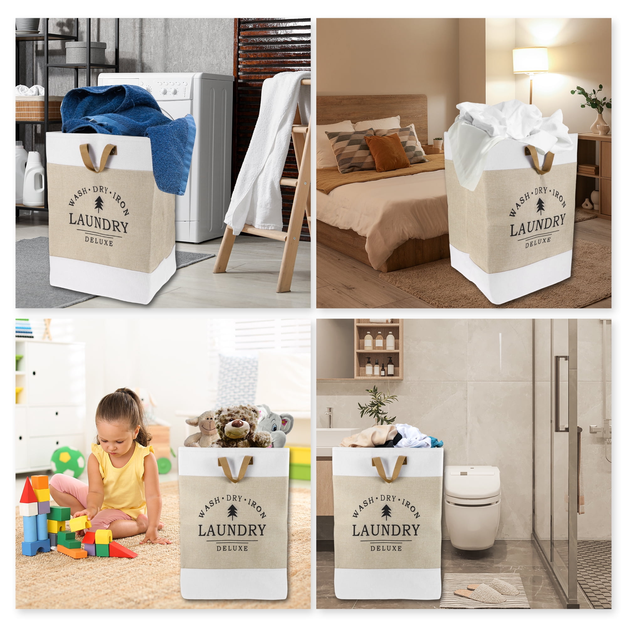 Unique Bargains Laundry Basket, Foldable Laundry Hamper with PU Handles Gray Beige
