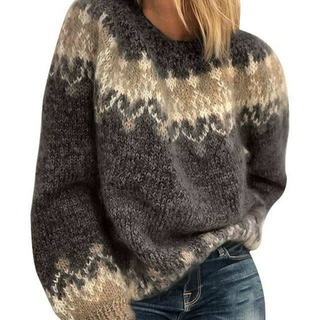 Économies d'Automne! Liquidation Chandails pour Femmes Tricot Manches Longues Chandails Surdimensionnés Mode Raglan Chaud Ample Haut d'Hiver Chandail Chandail Graphique Aztèque Ethnique Col Bateau Gris P