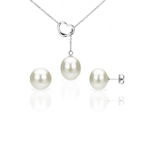 ADDURN White Freshwater Pearl Sterling Silver Heart Chain and Stud Earring Set