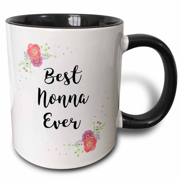 3drose, Floral Best Nonna Ever Pretty Watercolor Pink Flowers Grandma Love, 11oz Two-tone Black Mug