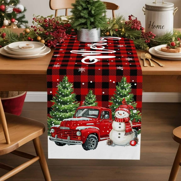 Merry Christmas Tree Cotton Linen Table Runner Truck Winter Snowman Red Black Plaid Dining Table Runners for Home Decor Party Dining Room Restaurant Kitchen Party 13" x 60"