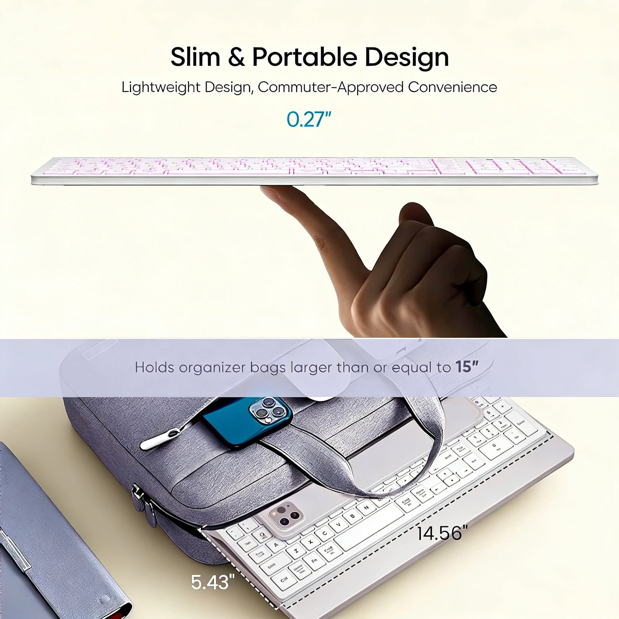 Slim Rechargeable Wireless Keyboard (White) – Quiet Backlit Keys for Home/Office/Travel (Works with Windows, Mac, PC)