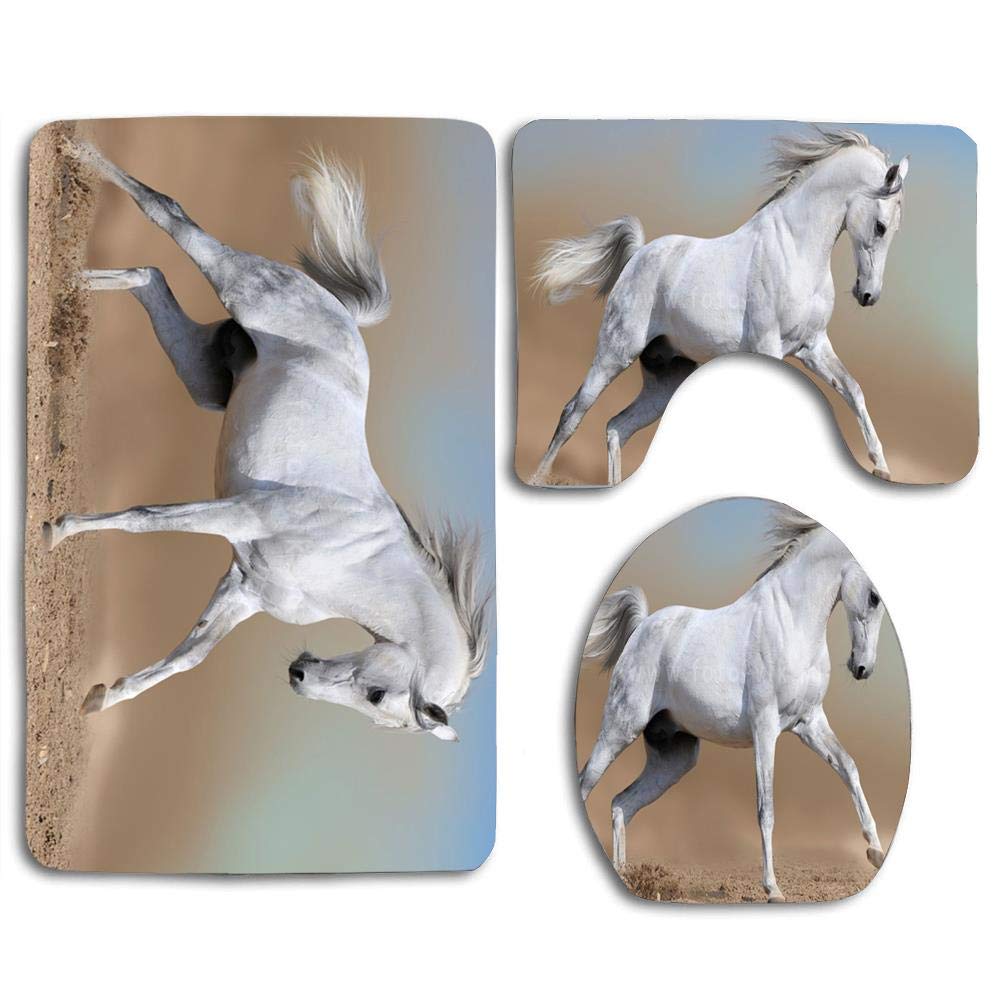 PUDMAD White Horse 3 Piece Bathroom Rugs Set Bath Rug Contour Mat and Toilet Lid Cover