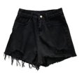 thumbnail image 1 of Women Summer High Waist A-Line Denim Shorts Korean Style Vintage Ripped Holes Frayed for Raw Hem Wide Leg Short Jeans Pants with Pockets dark grey, 1 of 4