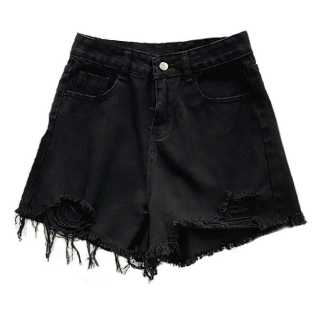 Women Summer High Waist A-Line Denim Shorts Korean Style Vintage Ripped Holes Frayed for Raw Hem Wide Leg Short Jeans Pants with Pockets dark grey