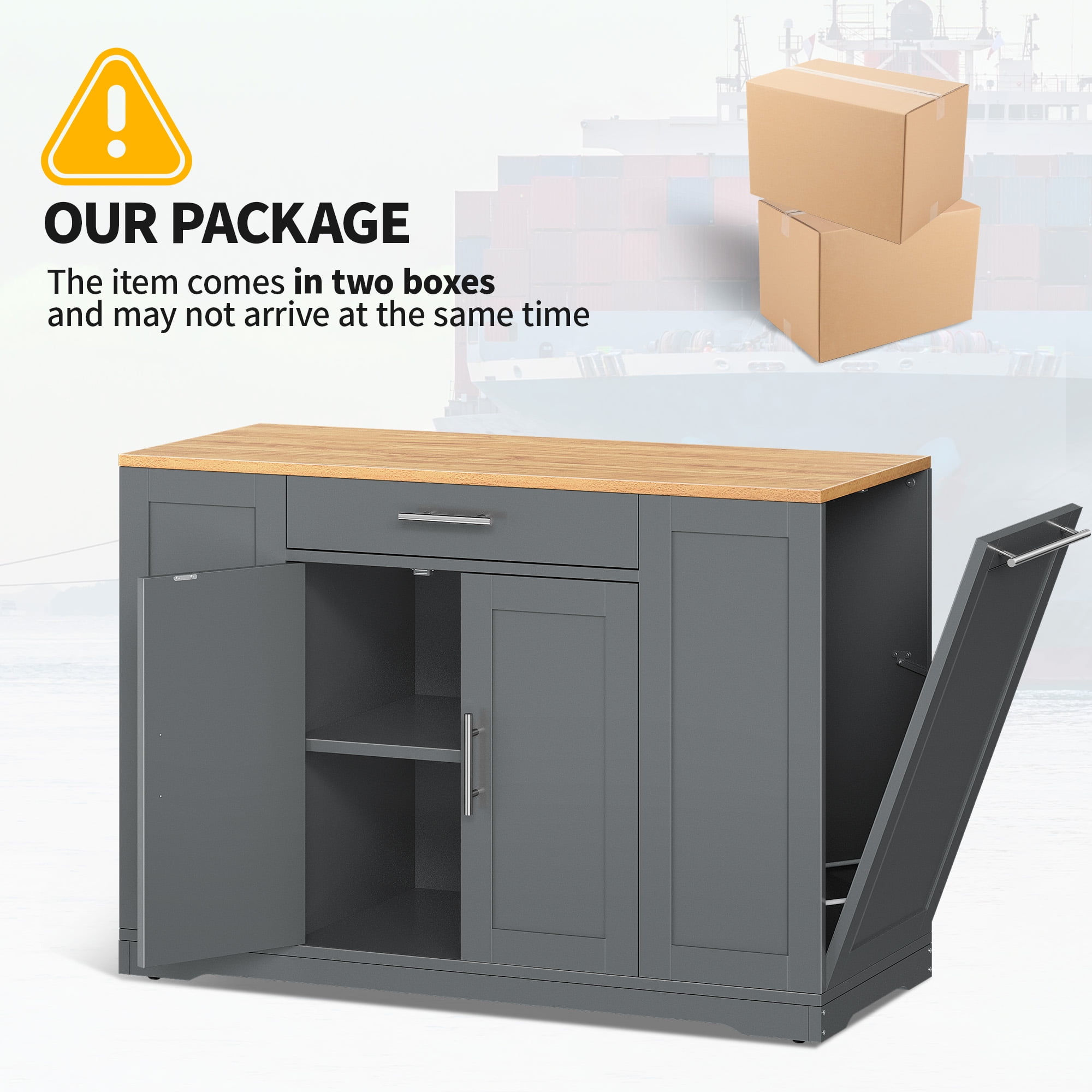 Uforic Rolling Kitchen Island with Wheels & Drawers, Kitchen Storage Cart with Storage Cabinet for 13-Gallon Trash Bin, Gray