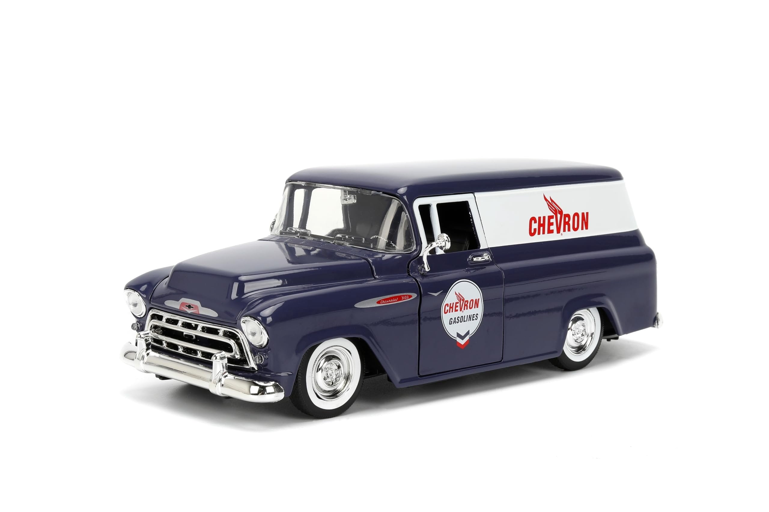 Jada 35044 1957 Chevrolet Suburban Chevron Dark Blue with White Stripes & Chevron Gas Pump Just Trucks Series 1-24 Scale Diecast Model Car