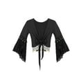 thumbnail image 5 of Zaldita Womens Belly Dance Tassel Coin Lace-Up Shawl Crop Tops Flare Sleeve Cardigan Black XL, 5 of 7