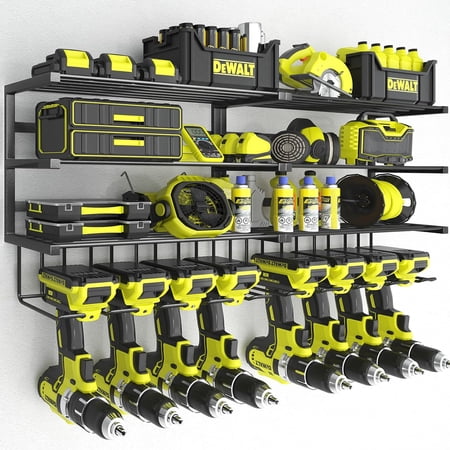 2 Pack Power Tool Organizer Wall Mount, Heavy Duty 8 Drill Holder, 4 Layers Cordless Tool Storage Rack, Utility Racks Shelf for Garage