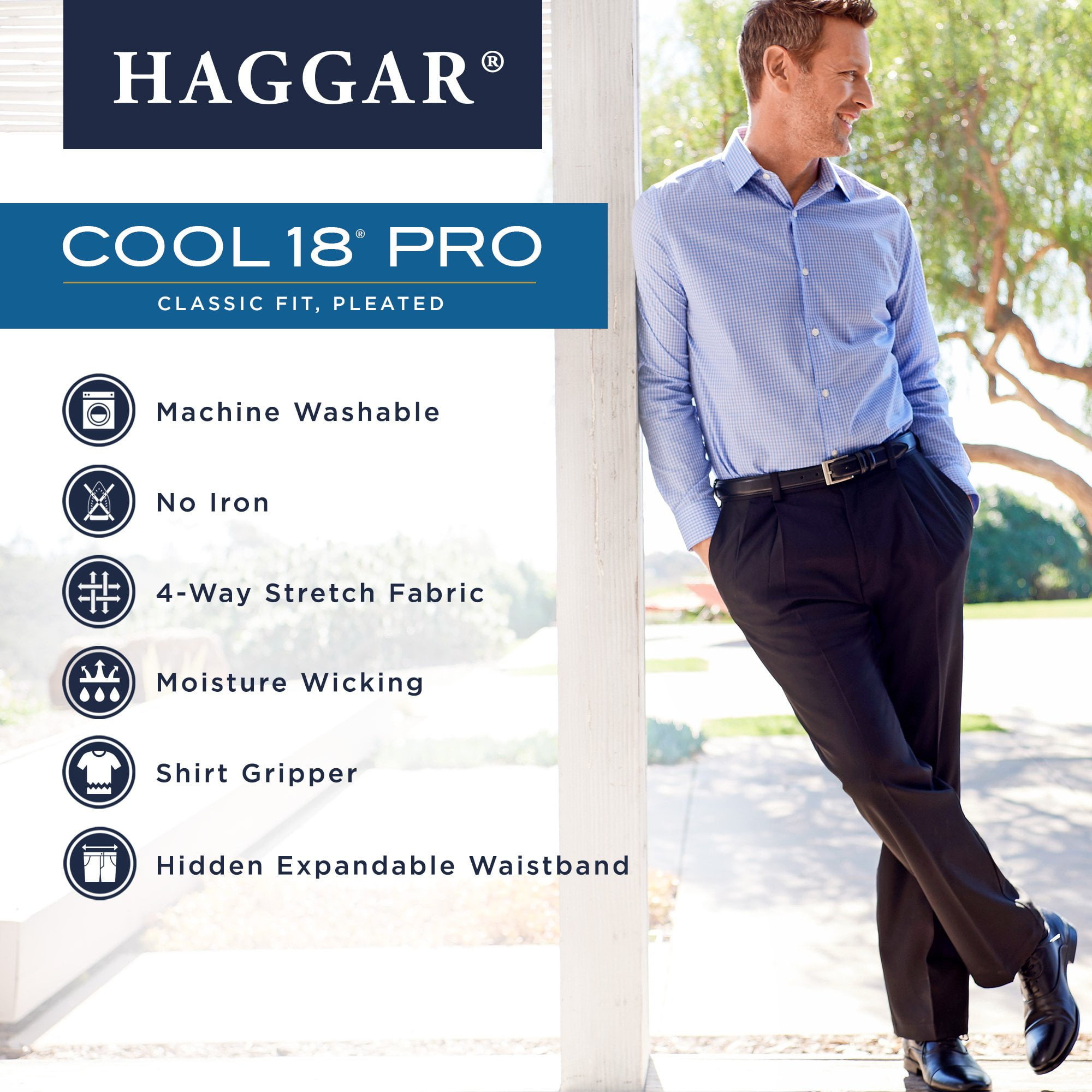 Haggar mens Cool 18 Pro Classic Fit Pleat Front Hidden Expandable Waist With Big Tall Sizes Casual Pants Navy 46W x 30L US Walmart