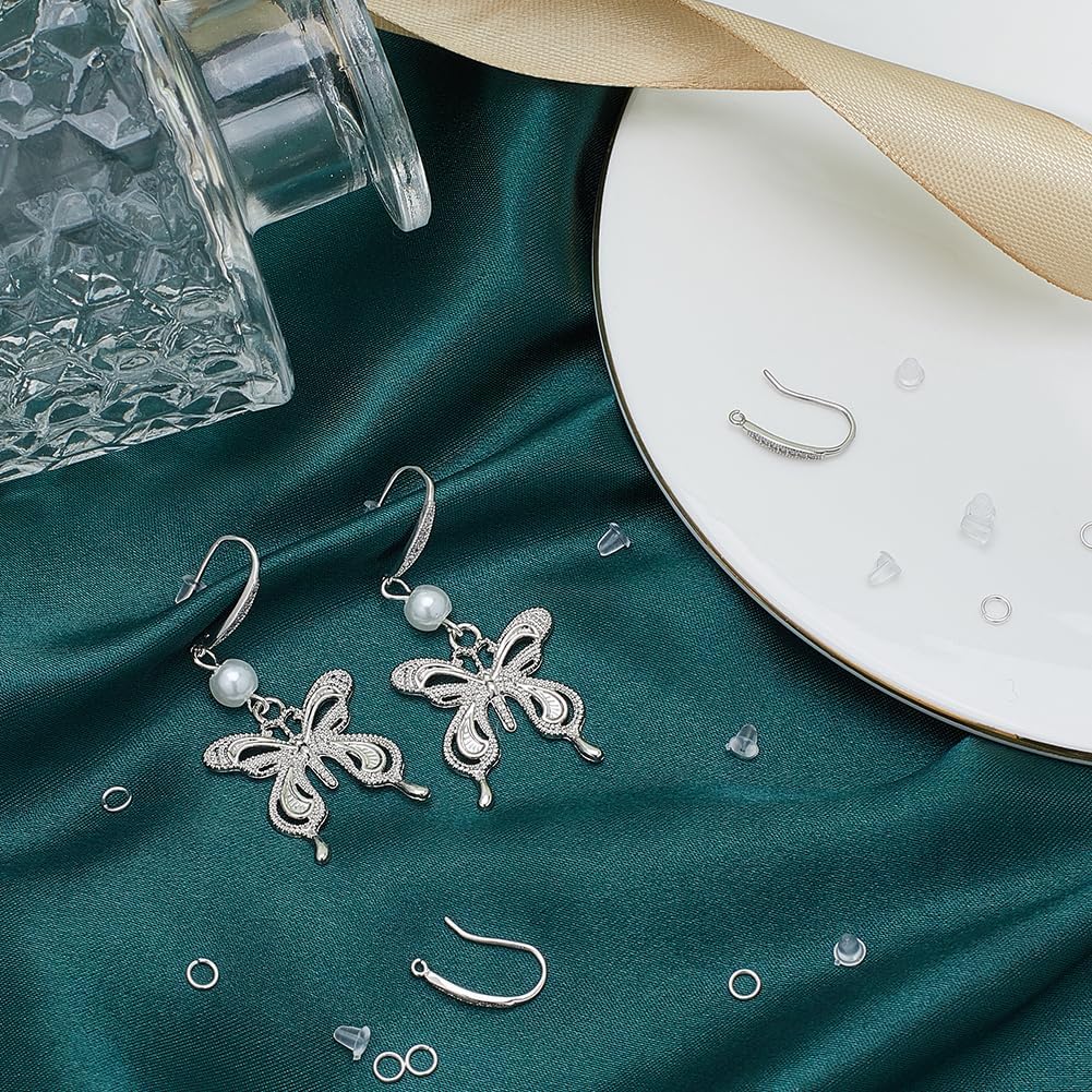 2Pairs Rhodium Plated 925 Sterling Silver Earring Hooks Ear Wire with 925 Stamp with Cubic Zirconia & 10Pcs Plastic Ear Nuts & 10Pcs Brass Jump Rings Real Platinum Plated 20 Gauge