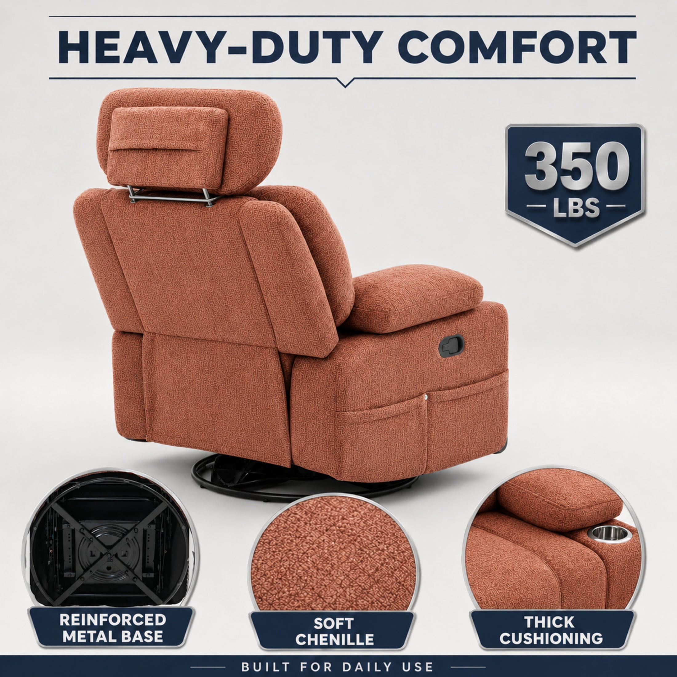 GDF Studio Turden 360° Swivel Manual Rocking Recliner with Detachable Neck Pillow, Versatile Lounge Chair, Orange