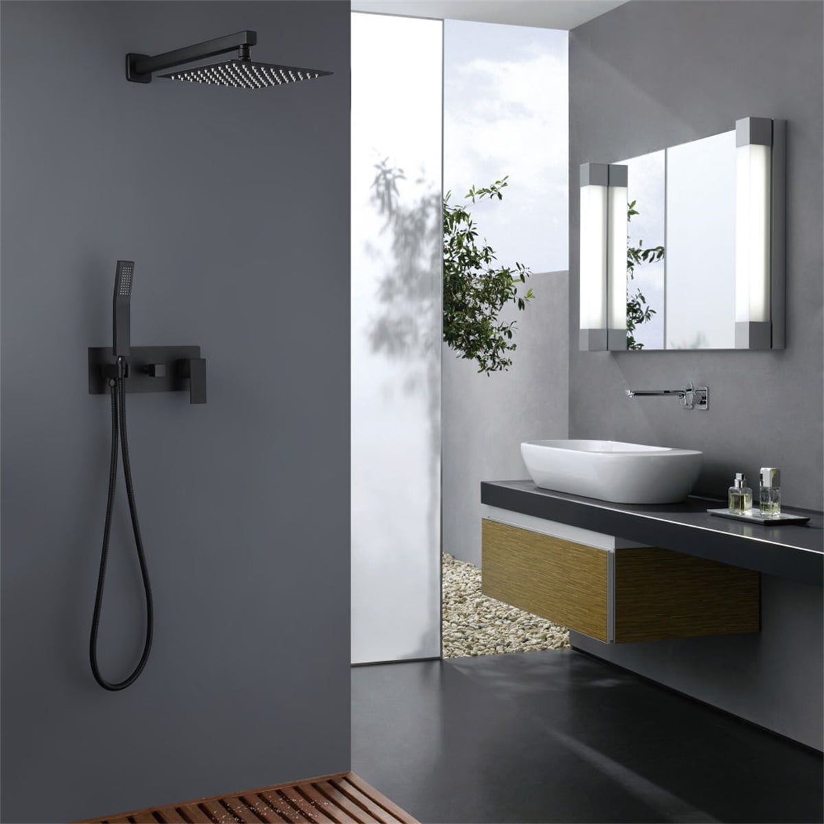 Matte Black Bathroom Rain Mixer Shower Faucet Handheld Wall Mount Head Tap Units