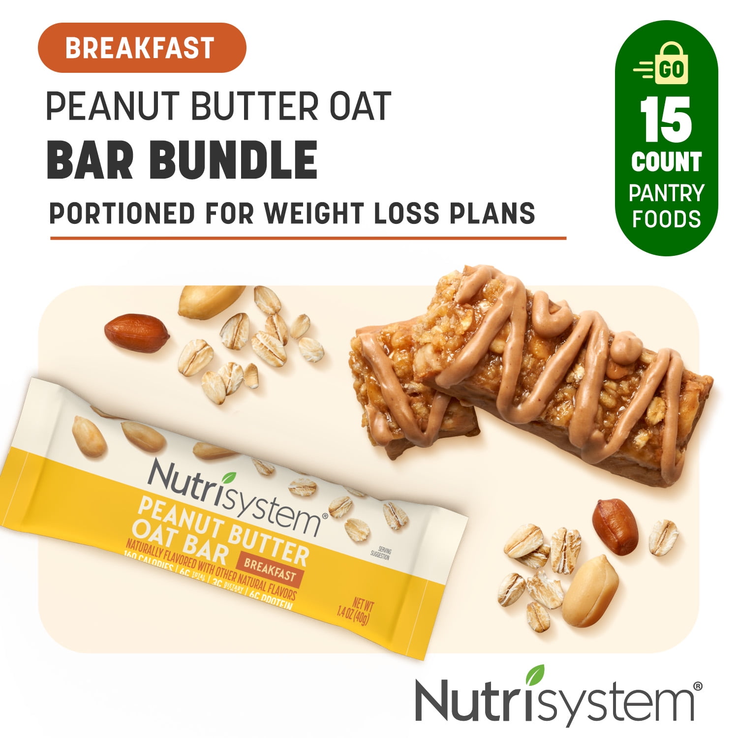 Nutrisystem Peanut Butter Oat Bars, 15 Count, Chewy Breakfast Bars for Weight Loss