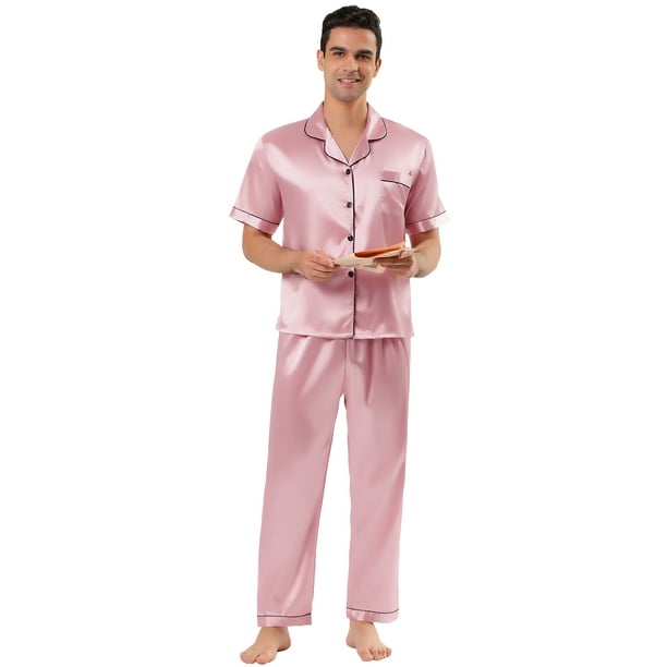 Unique Bargains Men s Pajamas Classic Satin Short Sleeves Button Down Pajama Sets Gray S Grey