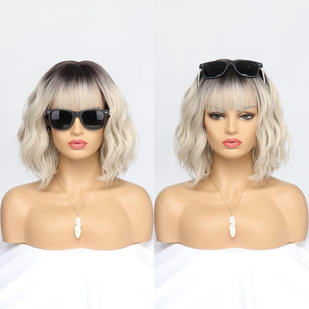 SUCS Short Wigs for Women Grey Wavy Bob Wig with Bangs Medium Length Synthetic Hair Water Wave Dark Roots Wig Gray Colorful Wigs（12 Inches）