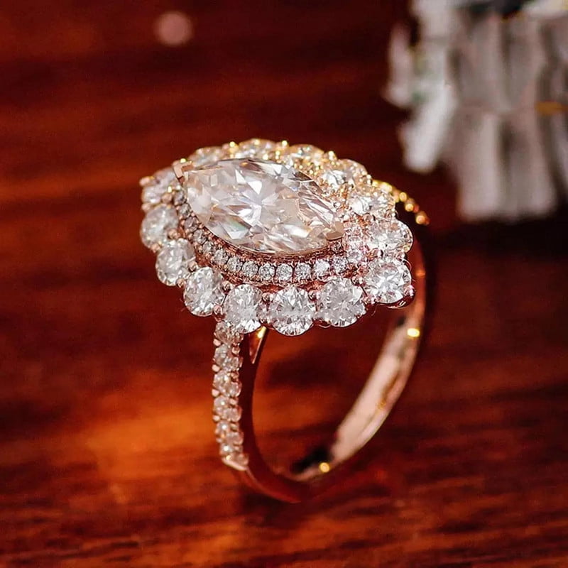 solitaire jewels Art Deco Marquise Moissanite Halo Engagement Ring For Women, 14K Rose Gold