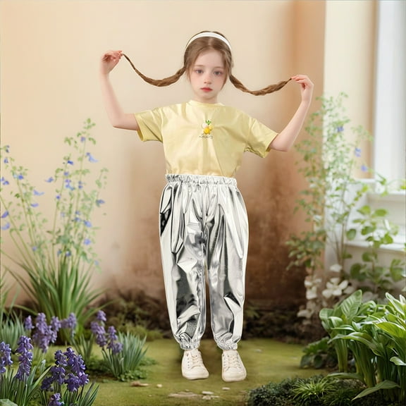 SNKSDGM Girls Cargo Pants Size 14-16 Green Bronzed Bright Straight Pants Children'sStretch Dance Closing Pants 3-4 Years