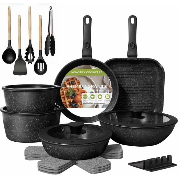 Juego de ollas y sartenes antiadherentes, Juego de 23 Ollas, Sarten Batería de Cocina, Juego de Sartenes con Mango Desmontable, Batería de Cocina Apto para Lavaplatos Y Horno - Negro
