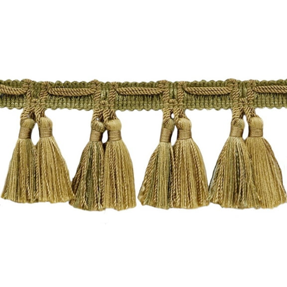 2 1/2" (6cm) Veranda Provincial Style Double Tassel Fringe Trim # TFV025,, Cedar Green Beige #VNT15 (Olive Green, Camel Beige) Sold By The Yard (36"/3 ft/0.9m)