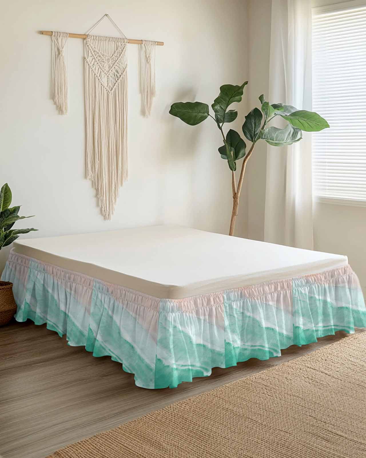 Teal Green Bed Skirt Gradient Sea Waves Sandy Beach Coastal Scenery Bed Skirts Queen Size 16 Inch Drop, Wrap Around Dust Ruffle&nbsp;Bedskirt with Adjustable Elastic Belt for Queen Size Beds