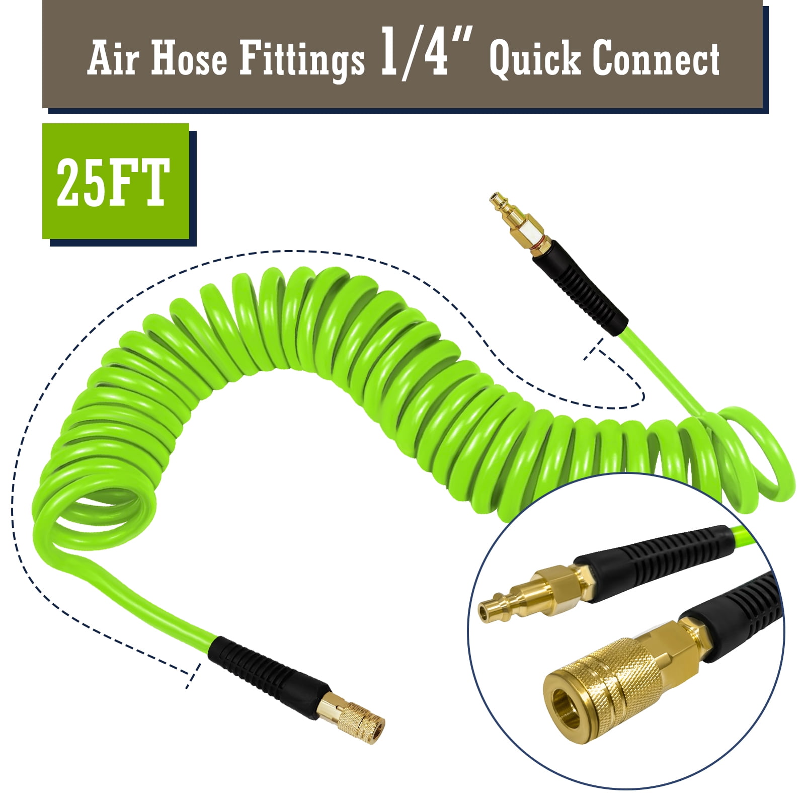 AGALI 1/4 in x 25 ft Air Hose with Bend Restrictor, Air Compressor Hose with 1/4 Solid 100% Pure Copper Quick Connect Fittings and I/M Plug Kit, Coiled PU Air Hoses 1/4", Green