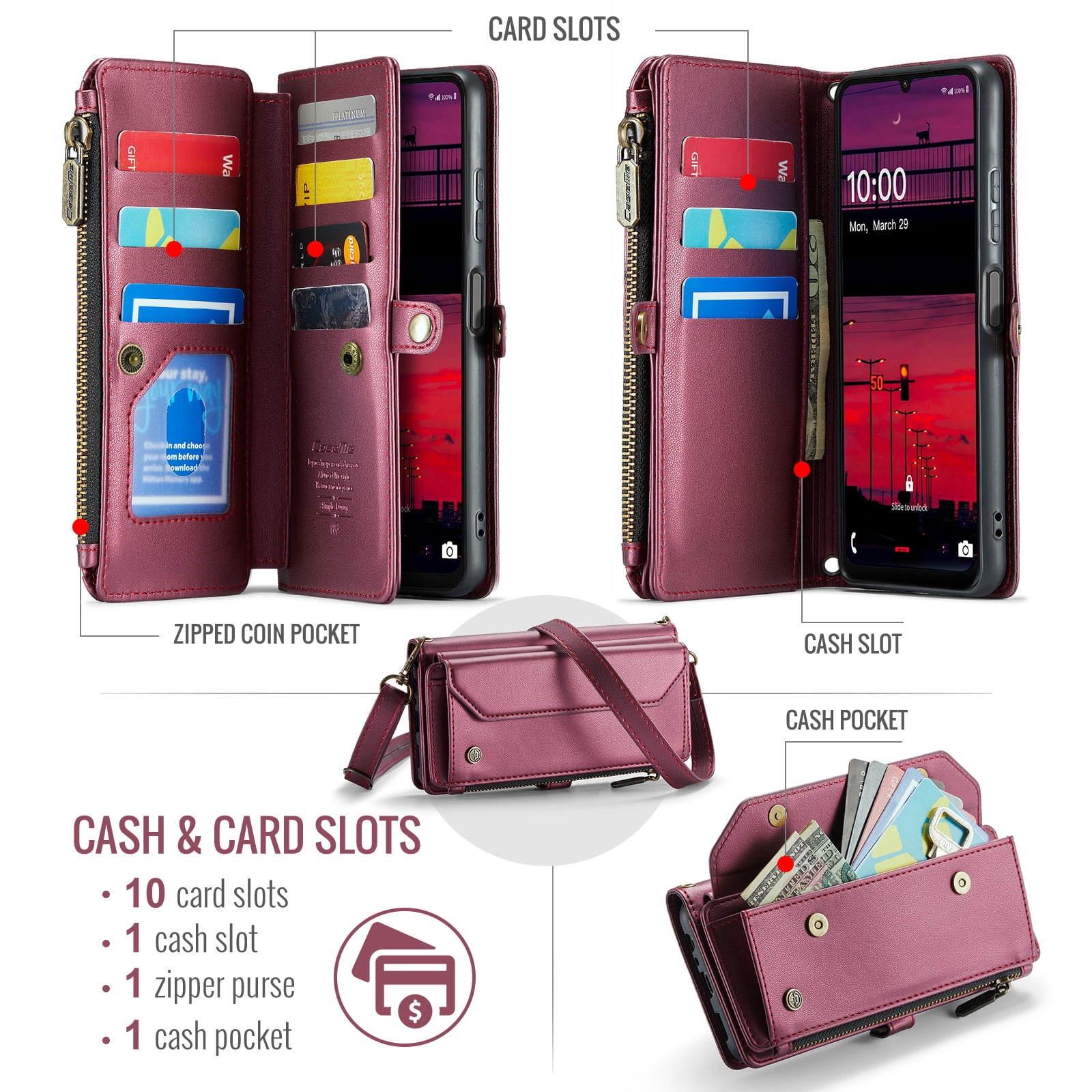 for Samsung Galaxy A16 5G Wallet Case with 10 Card Slots Zipper Pocket,PU Leather Magnetic Flip Folio Wristlet Shoulder Strap 3-in-1 Crossbody Phone Case Wallet for Women Men,Hotpink