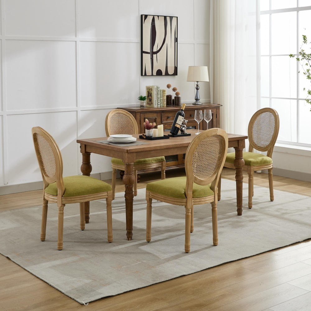 French Style Dining Chairs Set of 2, Solid Wood Upholstered Kitchen Chairs with Rattan Backrest, Linen Fabric, Antique Finish, Olive Green