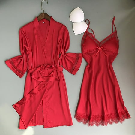 JUPAOPON Underwear for Womens Lingerie for Women Satin Silk Pajamas Cardigan Nightdress Bathrobe Ladies Robes Underwear Sleepwear