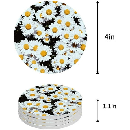

KXMDXA Daisy Flowers Set of 6 Round Coaster for Drinks Absorbent Ceramic Stone Coasters Cup Mat with Cork Base for Home Kitchen Room Coffee Table Bar Decor