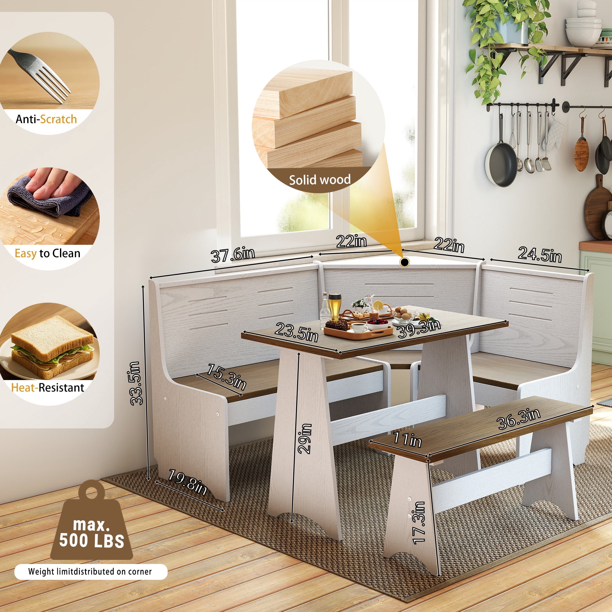Breakfast Nook Kitchen Corner Dining Table Bench Chair Set, Space-Saving 3-4 Seat L-Shape Farmhouse Mid Century Modern Style for Family Home  Wood Brown White