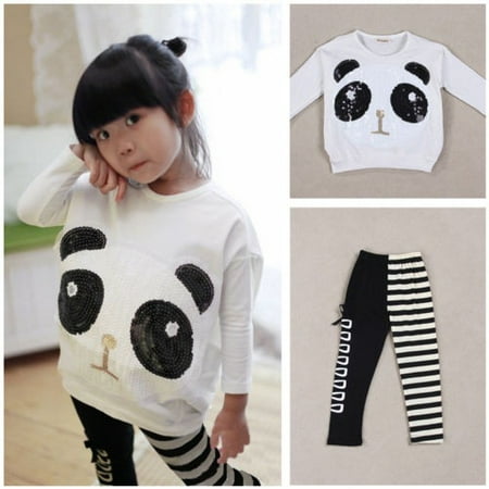 Lovely Girls Panda T-shirt Tops+Striped Bow Leggings Kids Baby Clothing 2Pcs Set
