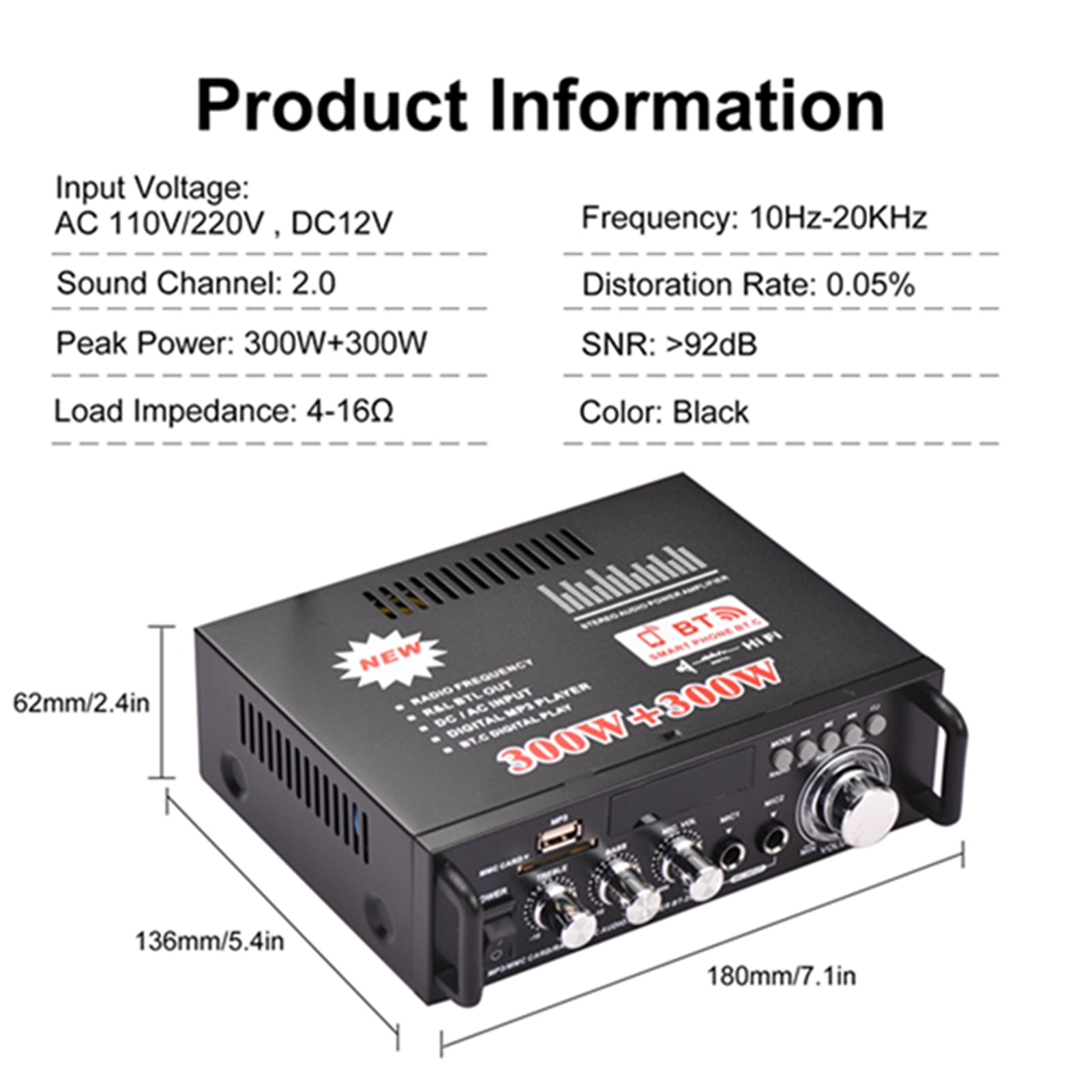 Audio 12V / 220V Mini Audio Power Amplifier 2CH 300W+300W For Car Home Use BT Digital Audio Receiver AMP USB Memory Card Slot Digital MP3 Player FM Radio LCD Display Dual Mic Input