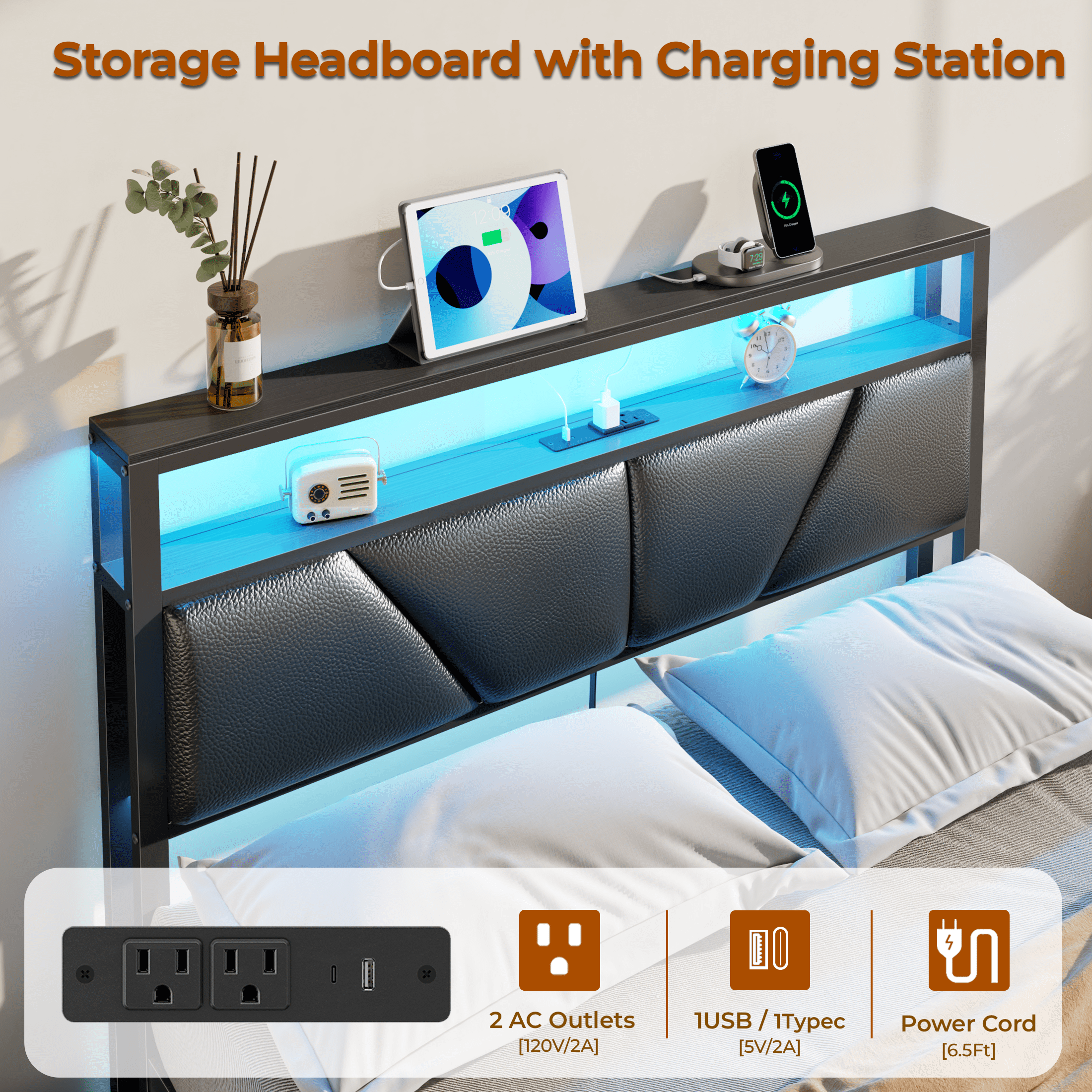 Satifur Full Bed Frame with 6 Storage Drawers, Metal Platform Bed Frame with 2-Tier Upholstered Storage Headboard & LED, Built in Charging Station, Noise-Free, No Box Spring Needed, Black