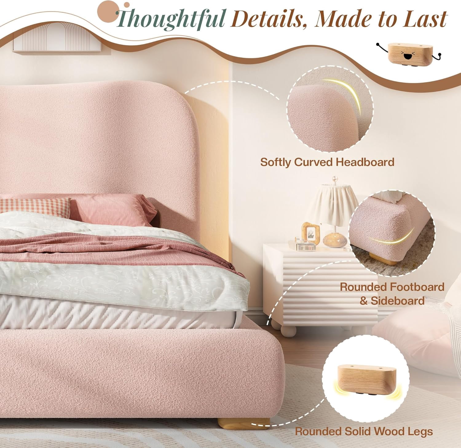 Amerlife Queen Size Cloud Bed Frame, 7.1" Thick Curved Headboard, Modern Upholstered Platform Bed, Easy Assembly, Boucle Pink