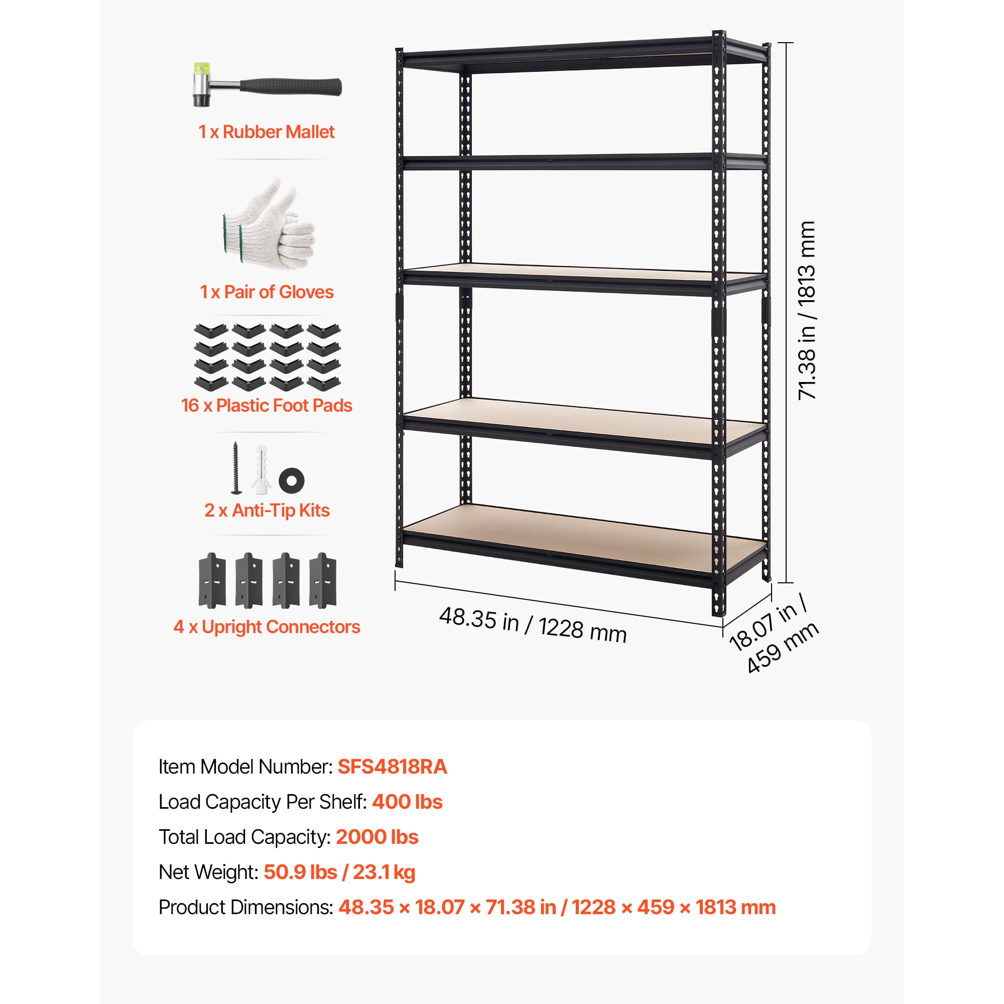 KFFKFF 5-Tier Adjustable Storage Shelves, 2000 lbs Capacity, Durable Metal Utility Rack for Garage, Warehouse, Basement, or Kitchen, Dimensions: 48.35" W x 18.07" D x 71.38" H