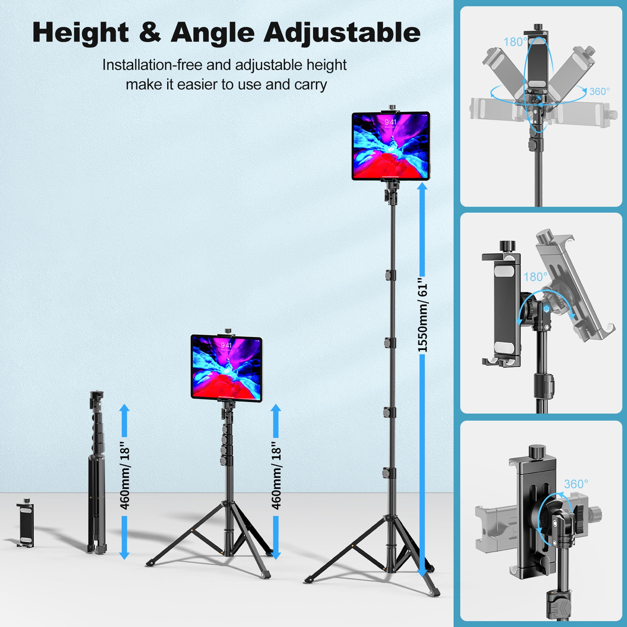 KDD Tablet Tripod, iPad Tripod Stand 61", Tablet Mount 4-15'' for iPhone, Camera, Aluminum 360° Rotating