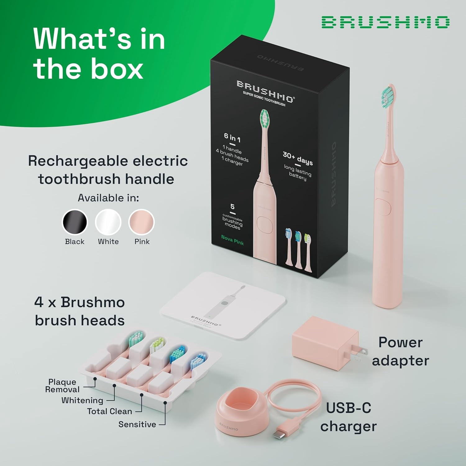 Brushmo Super Sonic Rechargeable Toothbrush, 5 Brushing Modes, Includes 4 Brush Heads, 2-min Timer, 30-Day Battery, Charging Base, Nova Pink
