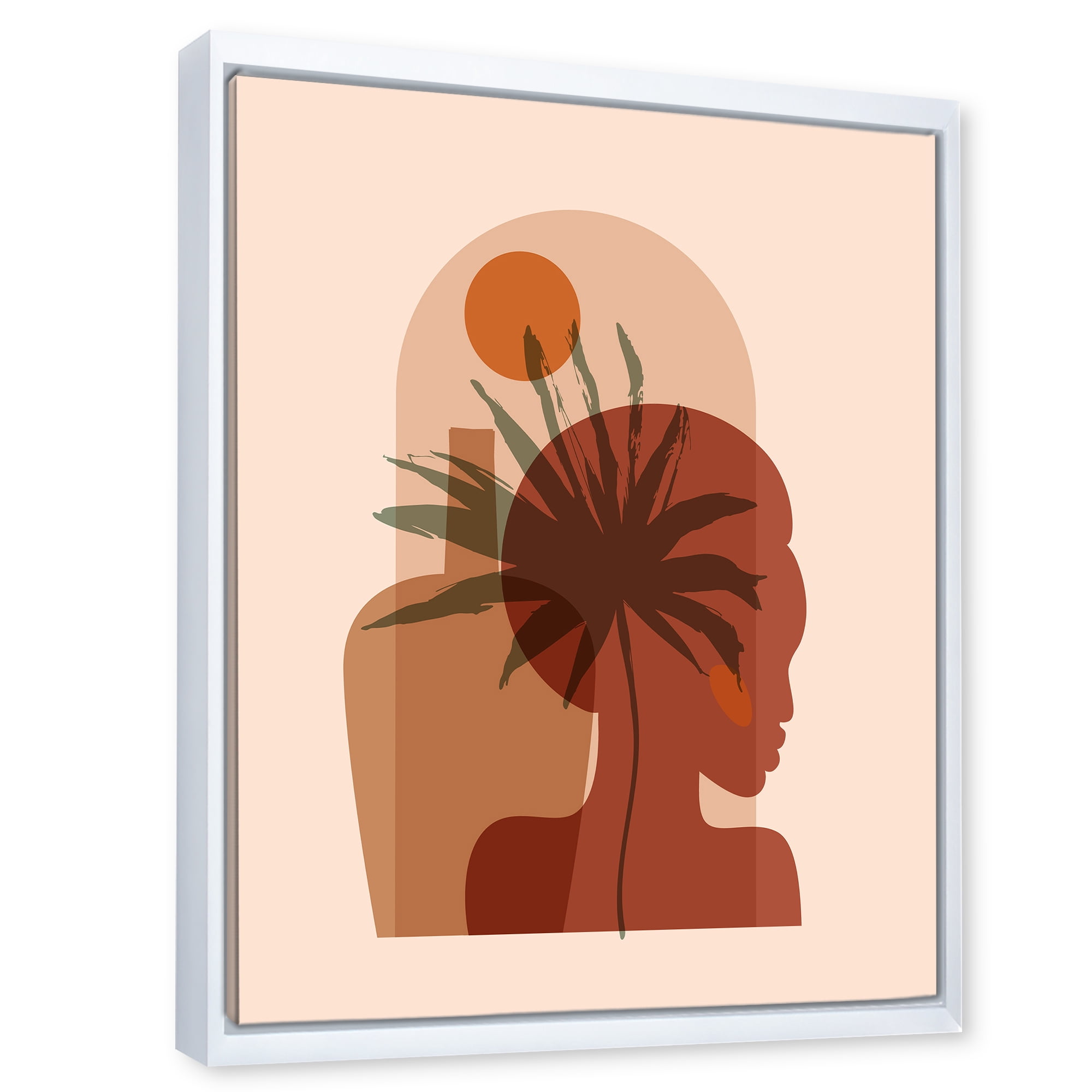 Designart 'Abstract Pretty Girl Portrait and Tropical Palm Leaf' Modern Framed Canvas Wall Art Print