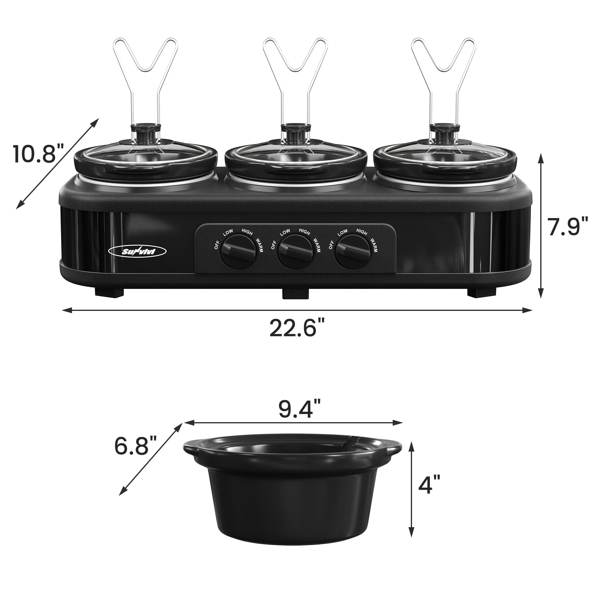3 Pot Slow Cooker Set, Triple Slow Cooker with 3×1.5QT Removable Ceramic Crocks, 4.5QT Total, Adjustable Temperature for Family Dinner & Party,SL