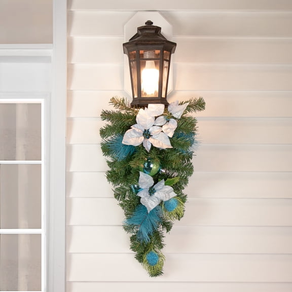 Northlight 24" Unlit Blue/Silver Peacock and Poinsettia Artificial Christmas Teardrop Swag
